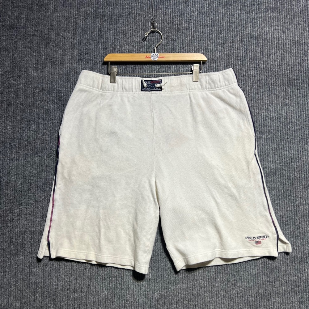 Vintage Polo Sport Shorts Mens XL White Pique Cotton Drawstring Athletic 90s